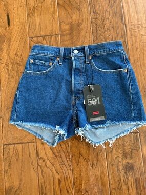 Levi's Blue High-Rise Frayed Hem Denim Cutoff Shorts 501